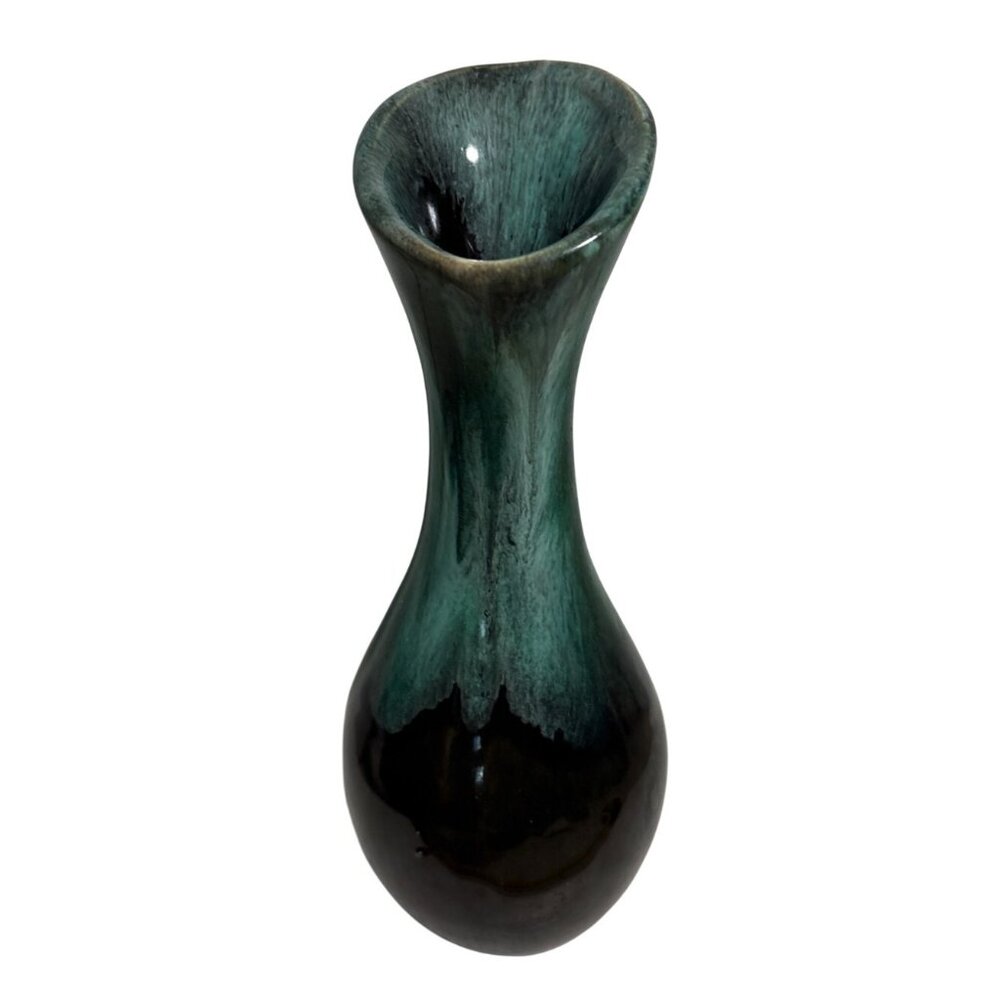 Canadian Pottery Bud Vase Slant Cut Bulb 6.5" Light Teal Black Drip Glaze MCM
